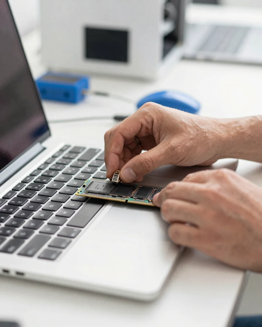 Close-up of a technician's hands carefully installing RAM into a laptop, bright white light, clean modern tech environme