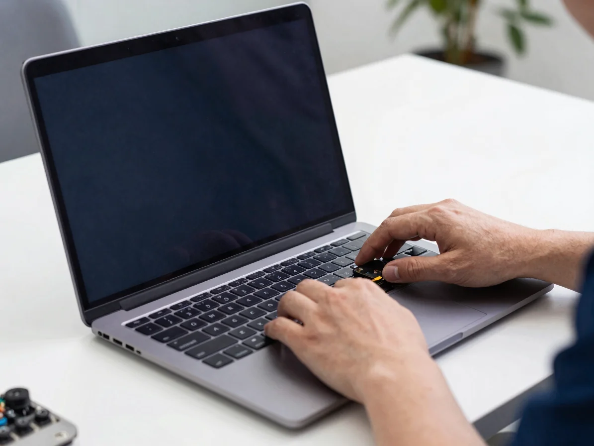 Technician's hands working on an open laptop, clean modern tech p