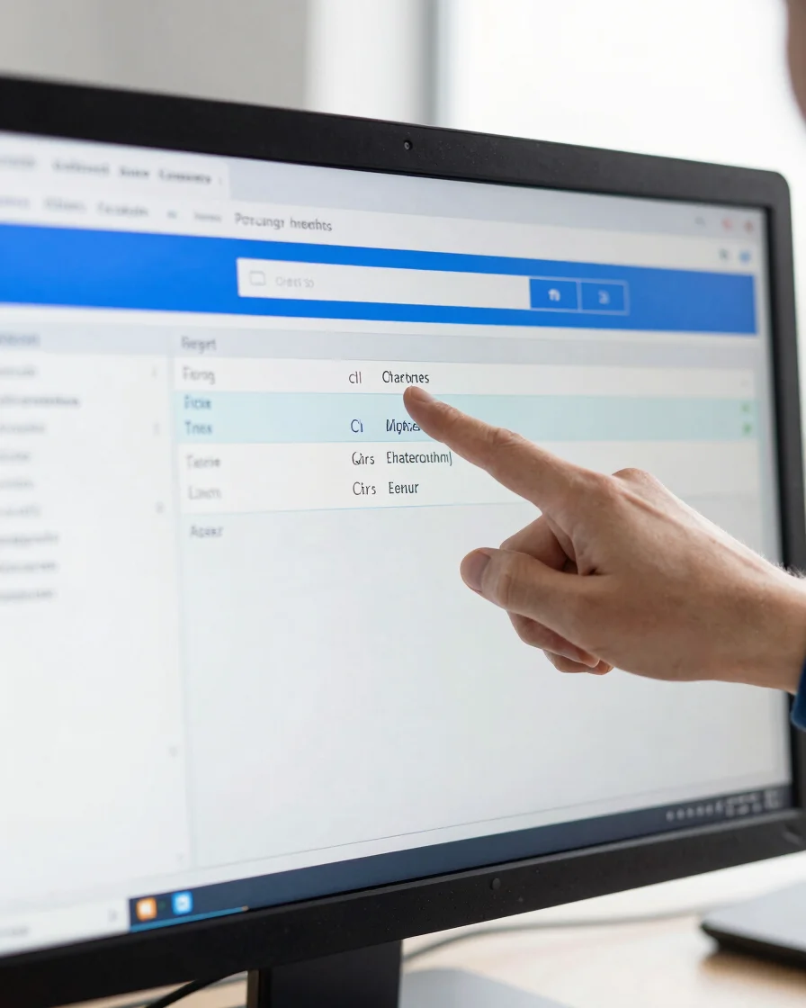 Close-up of a computer screen displaying diagnostic software results, a technician's hand pointing to a specific data po