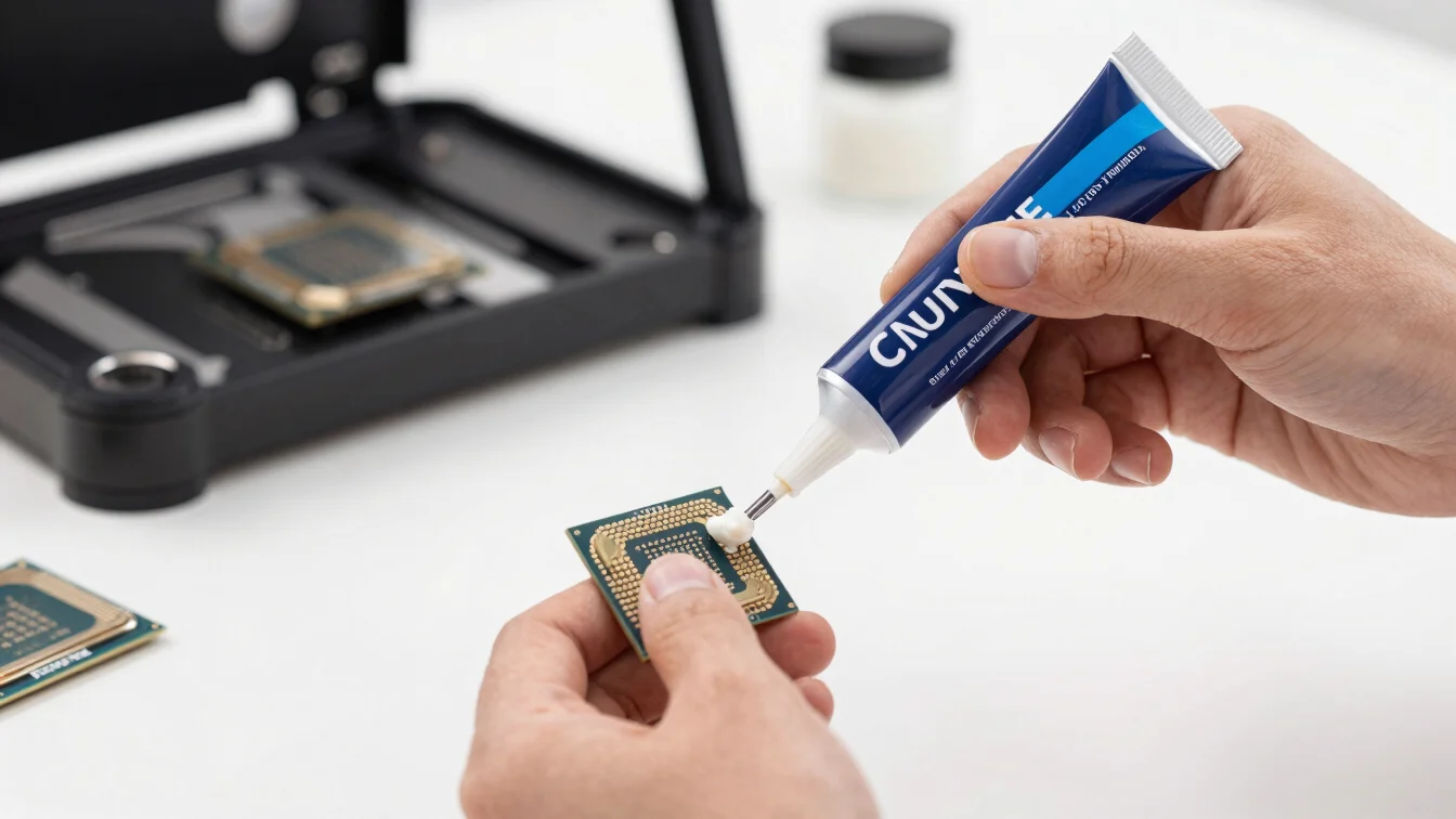 Technician's hand holding a thermal paste tube, applying it to a CPU, clean modern tech photography, bright natural dayl