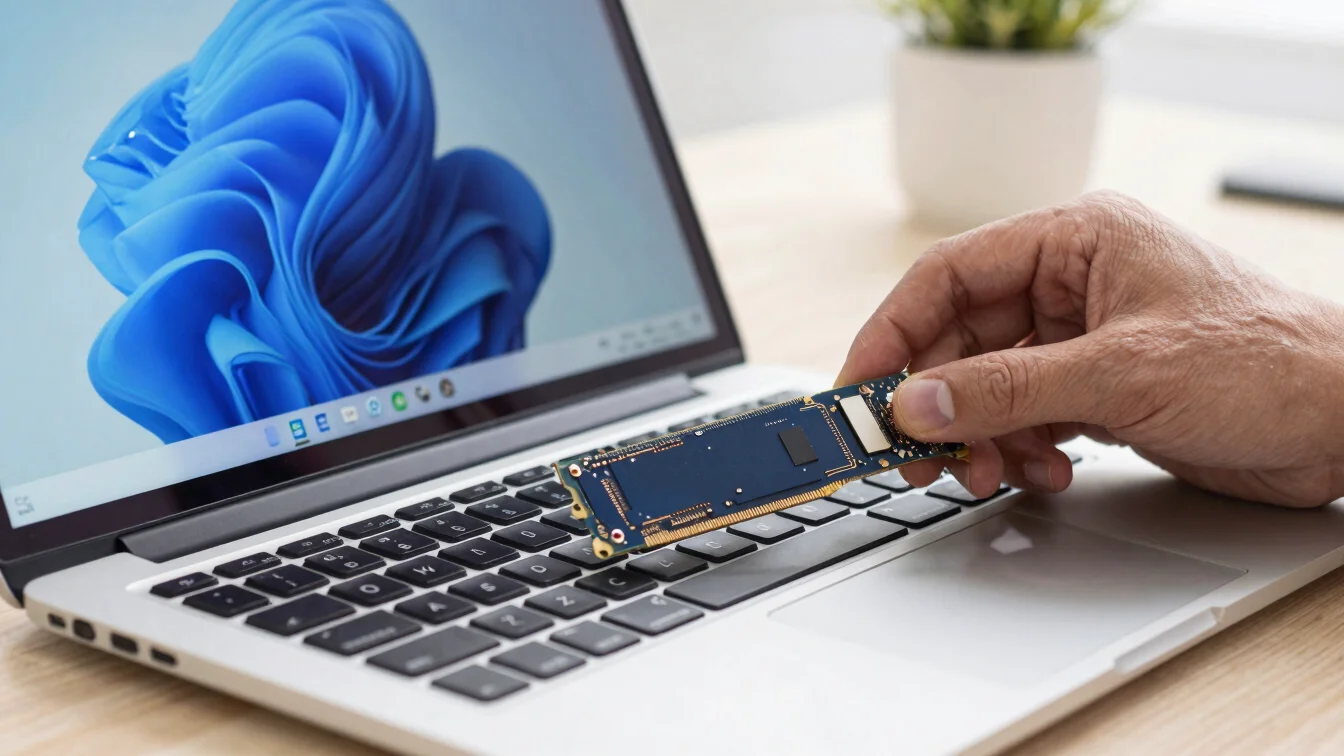 Close-up of an open laptop, a technician installing an SSD drive, clean modern tech photography, bright natural daylight