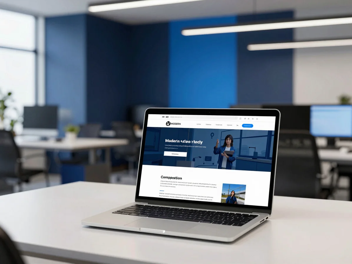 Modern clean tech workplace in Pereira with a laptop displaying a