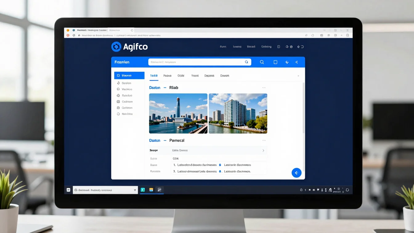High-resolution computer monitor showing structured web layout design elements in a modern bright office